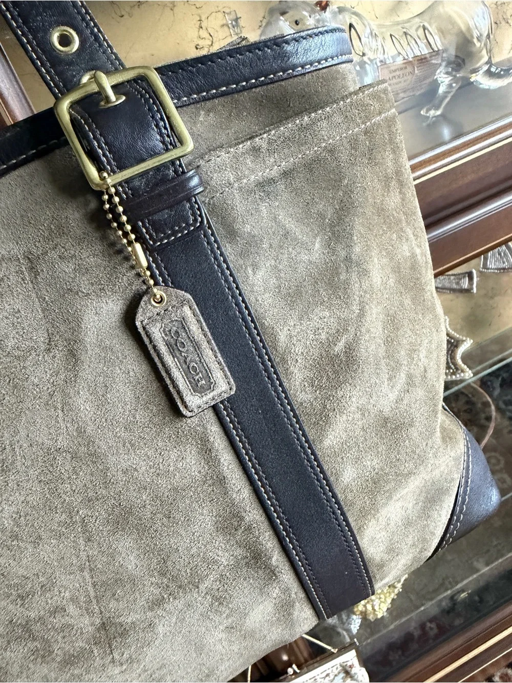 vintage Coach Carly taupe suede and leather shoulder tote featuring dark brown l
